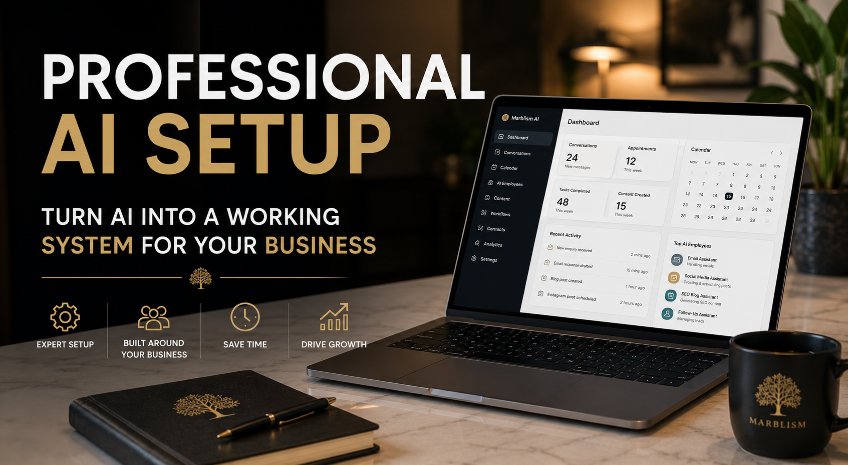 AI employee dashboard helping small businesses automate marketing, customer support and business workflows